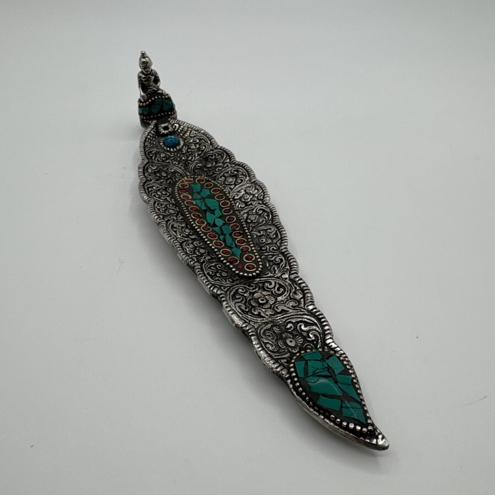 Tibetan Buddha Leaf Incense Stick Holder Turquoise Coral Inlay Nepal Style